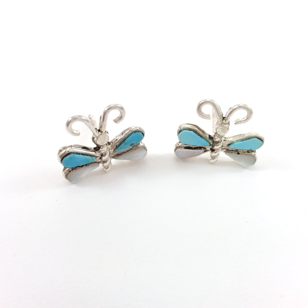 Zuni turquoise mother of pearl sterling silver butterfly earrings.