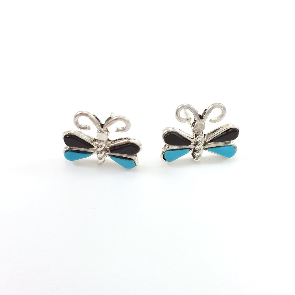 Zuni turquoise and jet sterling silver inlay earrings.