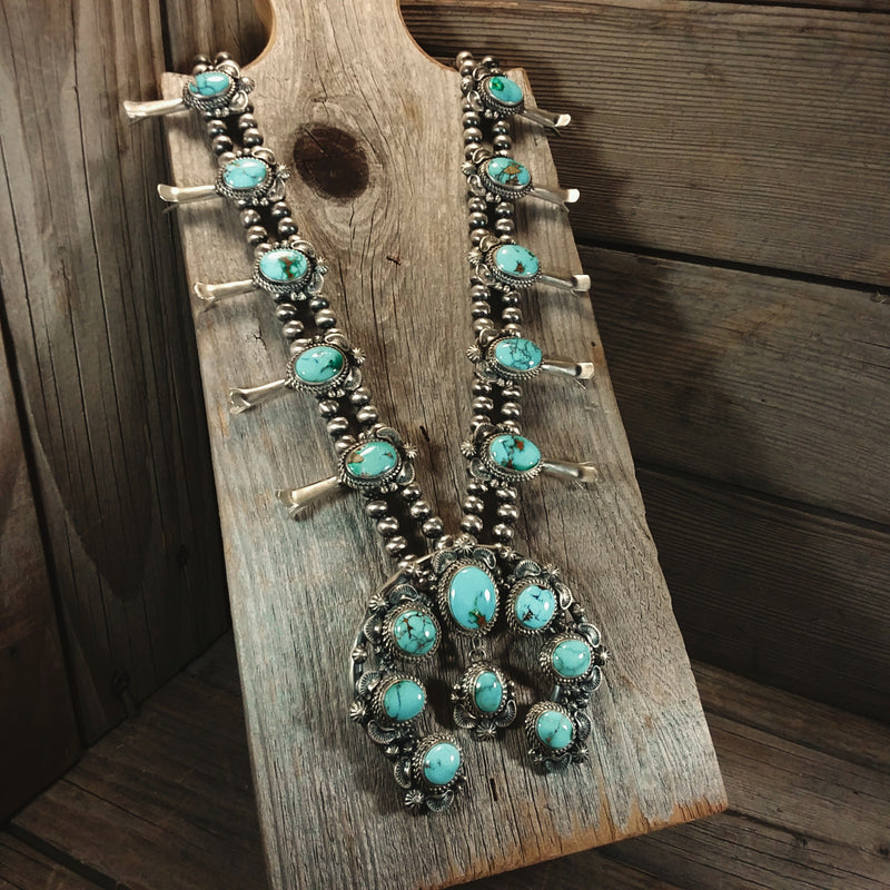 Thomas Francisco turquoise sterling silver squash blossom necklace and earring set, Navajo, Native American Handcrafted, Jewelry Set, Native American Jewelry Set