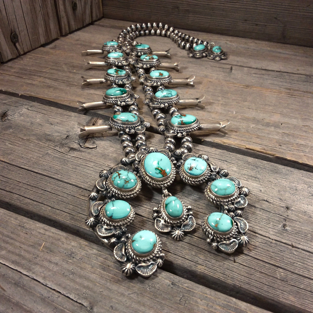 Thomas Francisco turquoise sterling silver squash blossom necklace and earring set, Navajo, Native American Handcrafted, Jewelry Set, Native American Jewelry Set