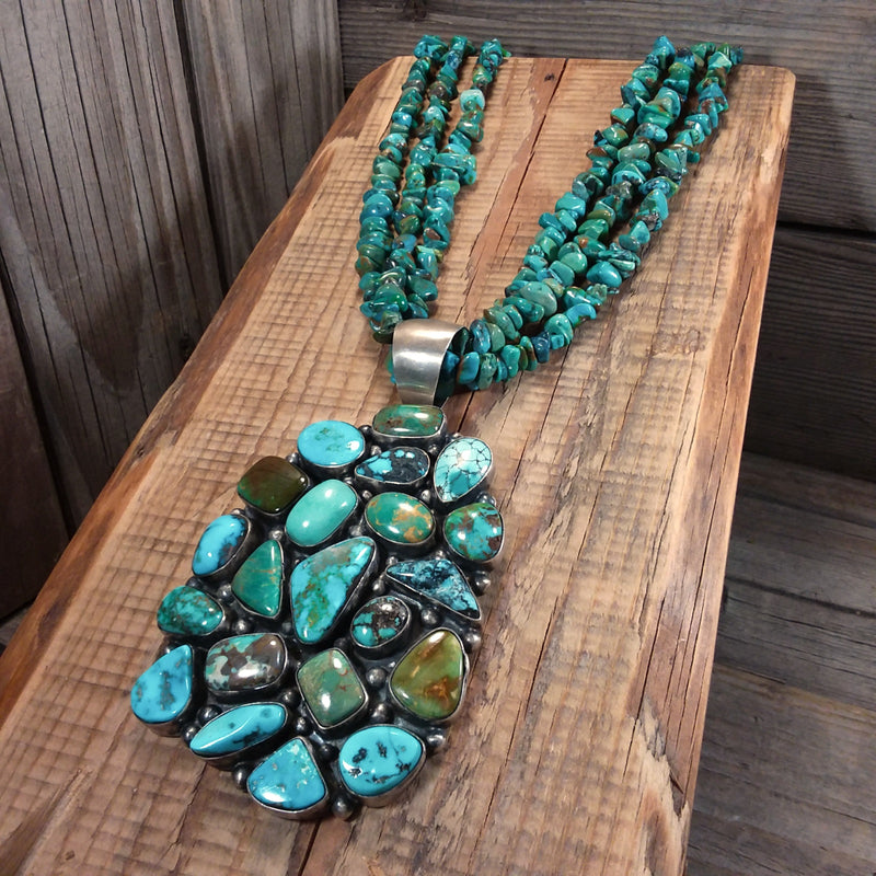 Turquoise Beaded Necklace With Turquoise Cluster Pendant, Native American, Sterling Silver, Raymond Beard, Hallmark BRD