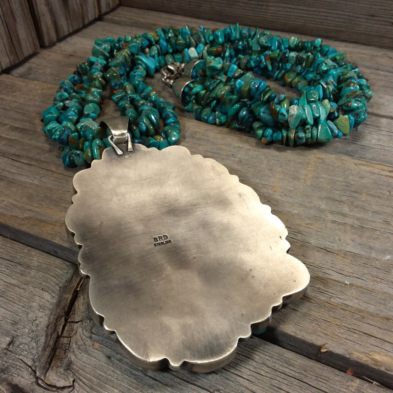 Turquoise Beaded Necklace With Turquoise Cluster Pendant, Native American, Sterling Silver, Raymond Beard, Hallmark BRD