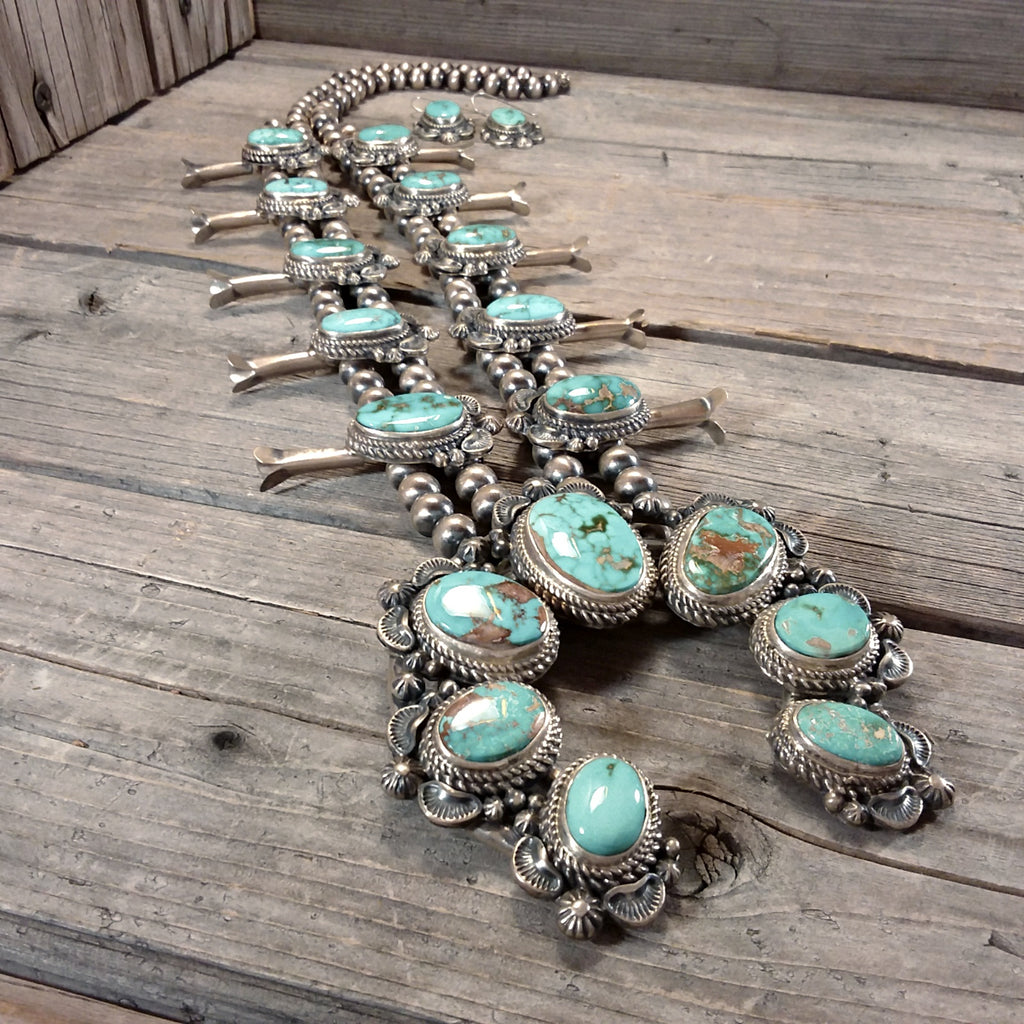 Thomas Francisco turquoise sterling silver squash blossom necklace and earring set Native American Handcrafted Jewelry