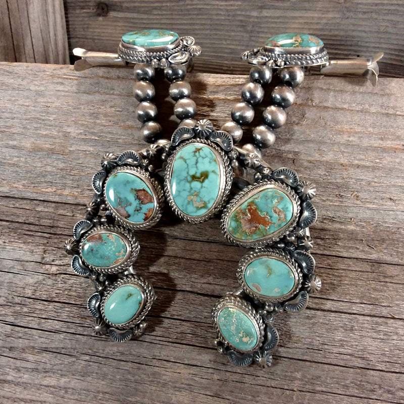 Thomas Francisco turquoise sterling silver squash blossom necklace and earring set Native American Handcrafted Jewelry