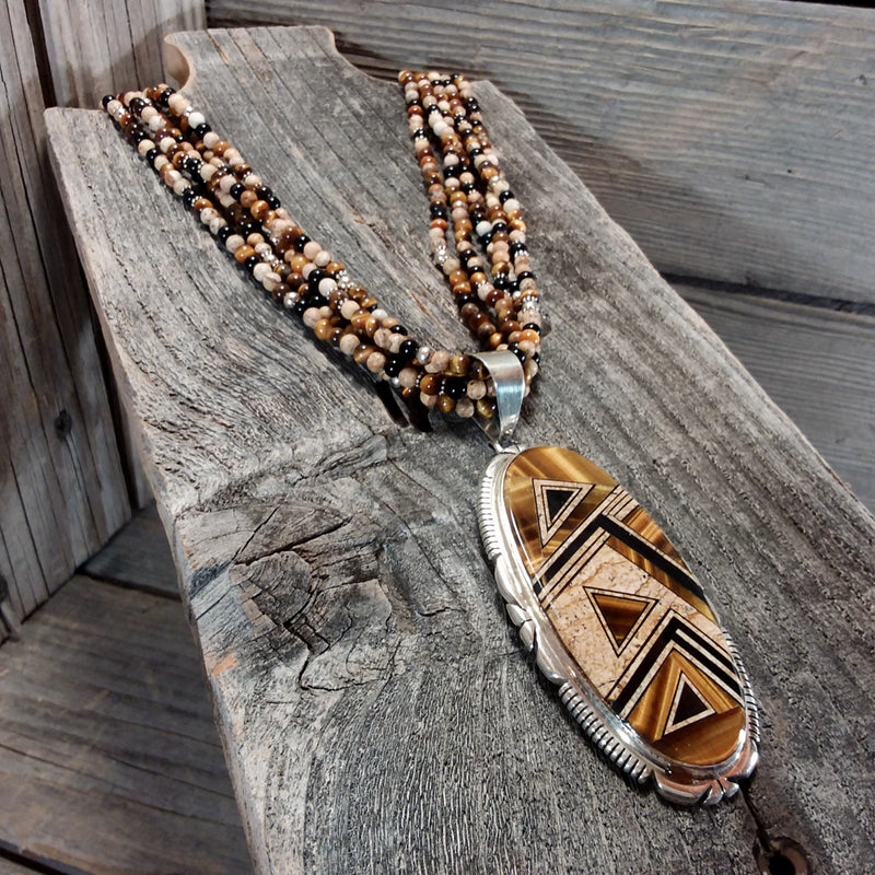 Thomas Francisco Tigers eye and jasper inlay and beads sterling silver necklace, Navajo, Navajo beaded jewelry, Inlaid, Inlaid pendant.