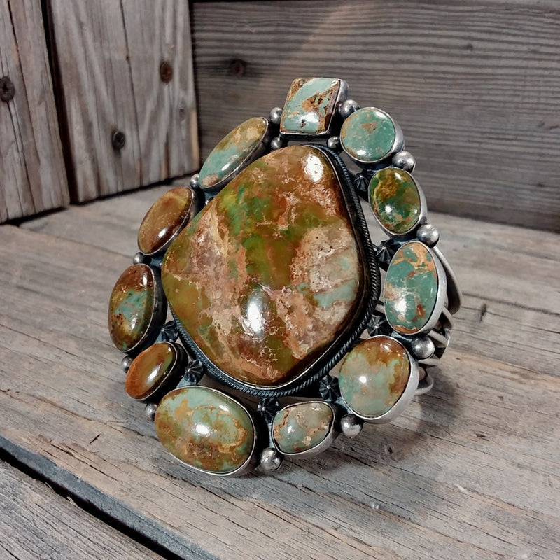 Aaron Toadlena Navajo green turquoise sterling bracelet, Cluster Bracelet, Native American Jewerly