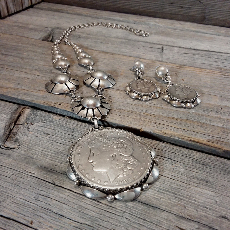 Clem Nalwood Navajo sterling silver necklace and earrings set, Vintage Coin Jewerly, Jewelry Sets