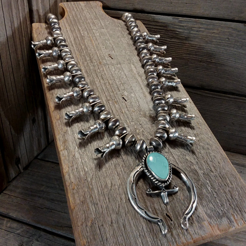 Cris Hale Navajo turquoise sterling silver squash blossom necklace, sand case, C. Hale 