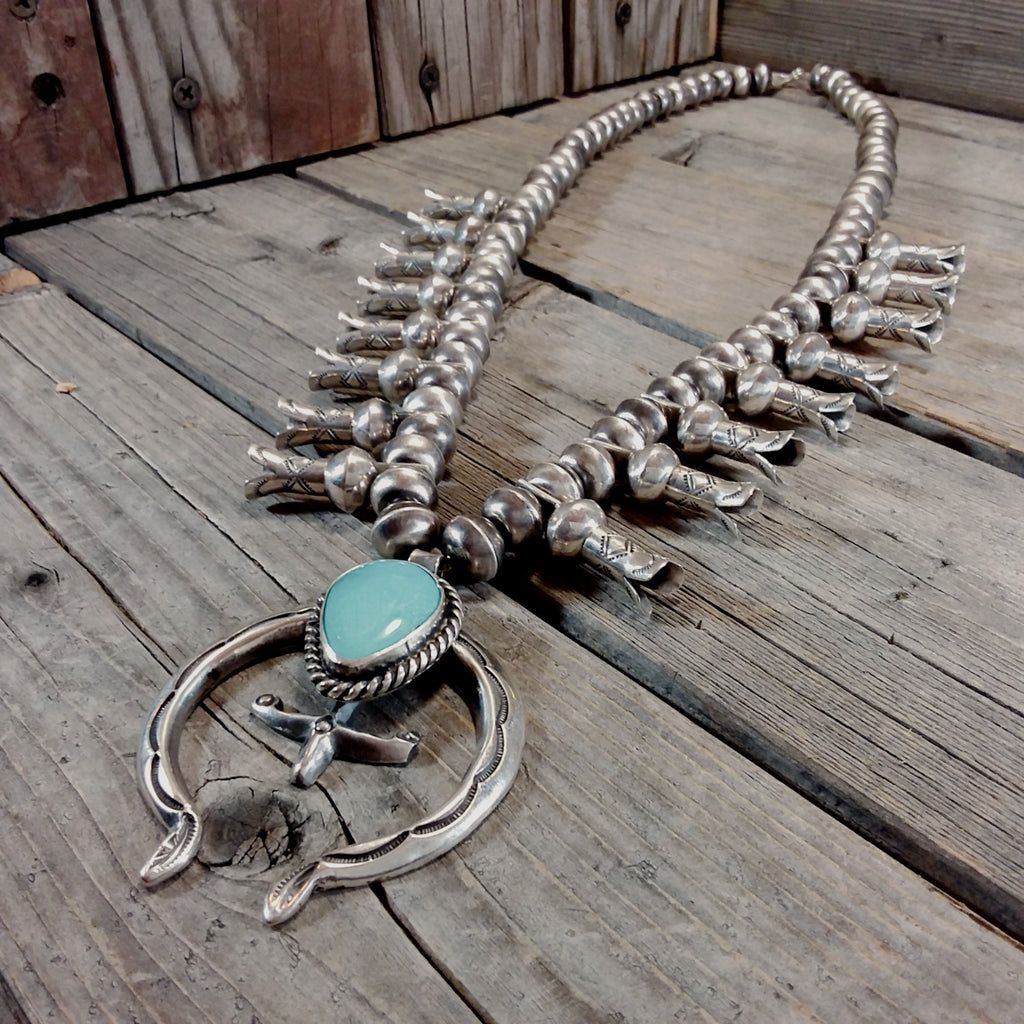 Cris Hale Navajo turquoise sterling silver squash blossom necklace, sand case, C. Hale 