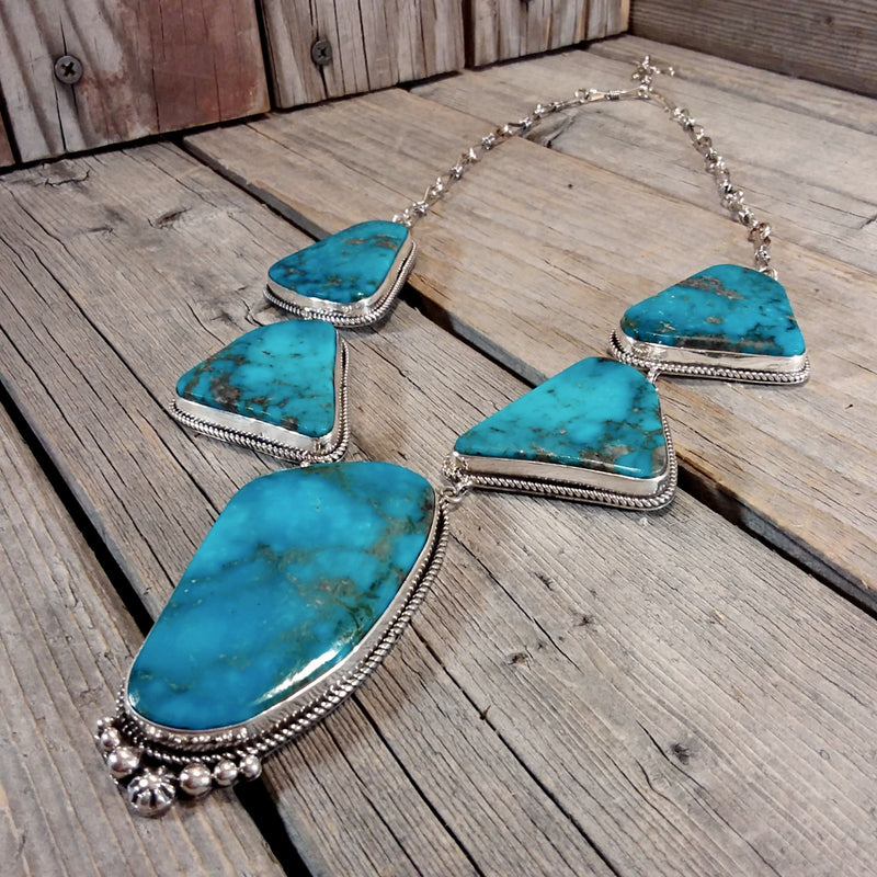 LaRose Gonadonegro Navajo turquoise sterling silver necklace and earring set. Native American Blue Turquoise Jewlery Set