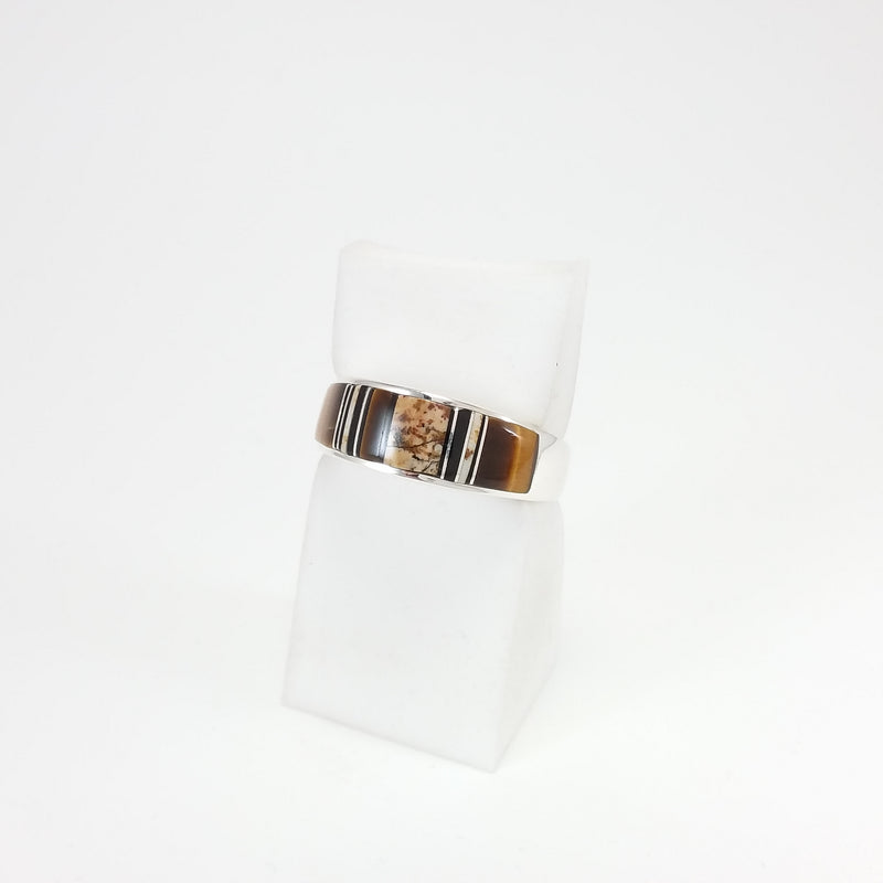 Navajo picture jasper tigers eye and jet sterling silver ring.