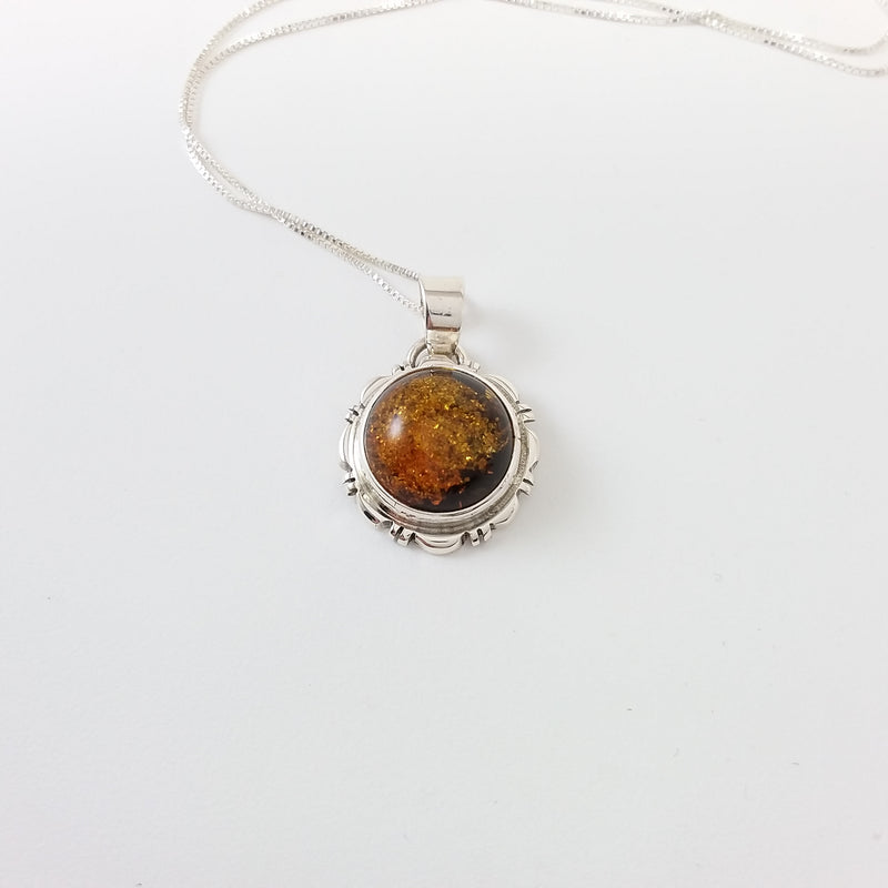 Larry Yazzie Amber Sterling Silver Pendant - Navajo