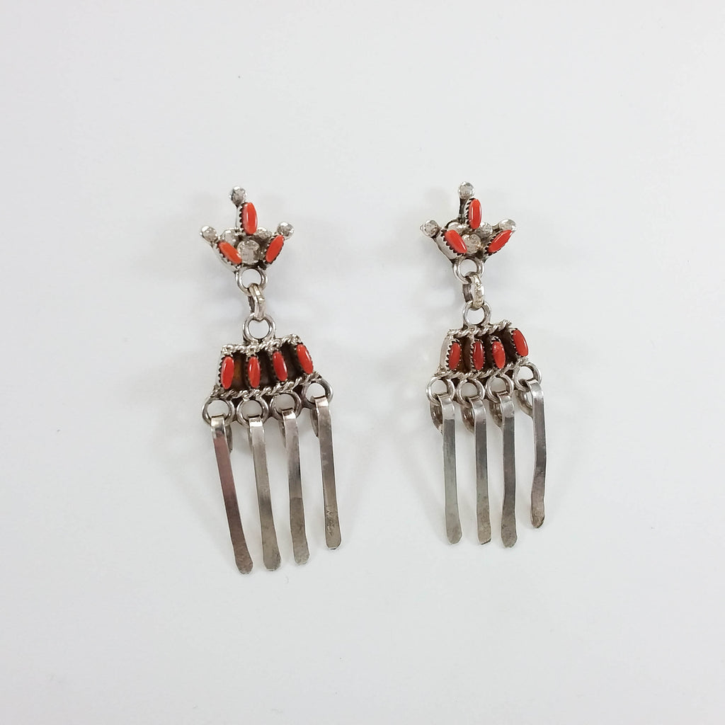 Zuni coral sterling silver needle point earrings.