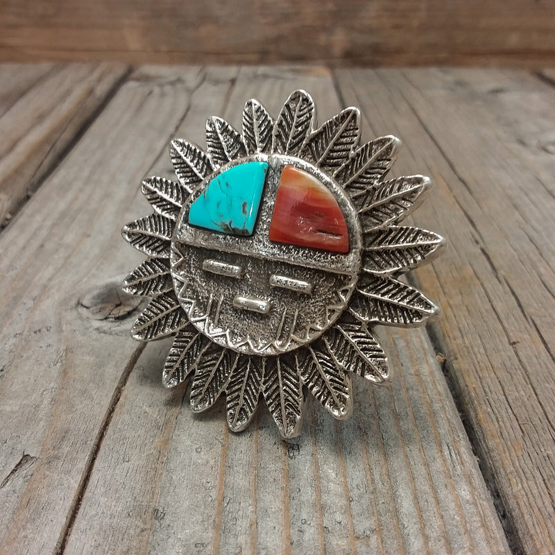 Turquoise/Spiney Oyster Sancasted Zuni Sun Face Ring By EI A Zuni Artist