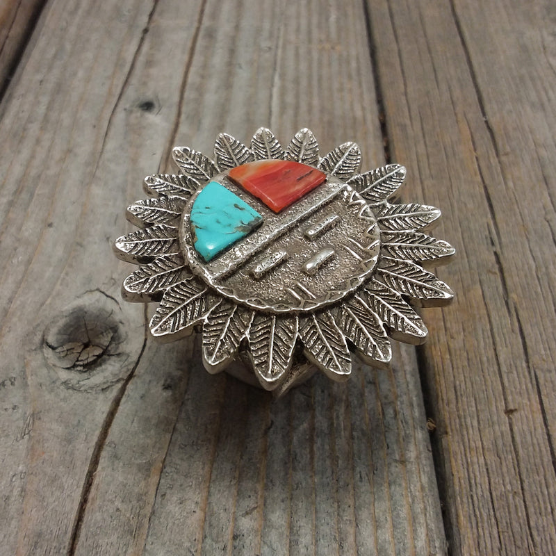 Turquoise/Spiney Oyster Sancasted Zuni Sun Face Ring By EI A Zuni Artist