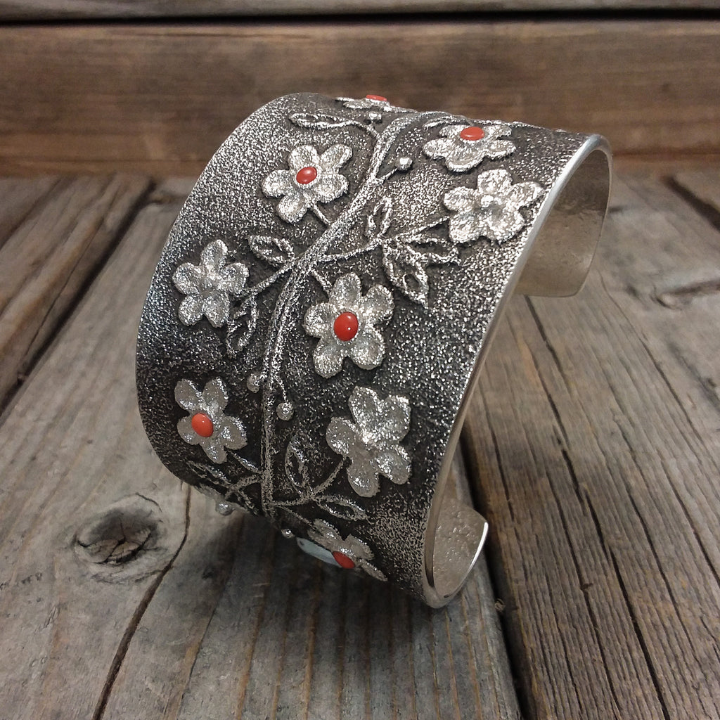 Tufa Cast Silver and Coral Flower Bracelet By Rebecca Begay