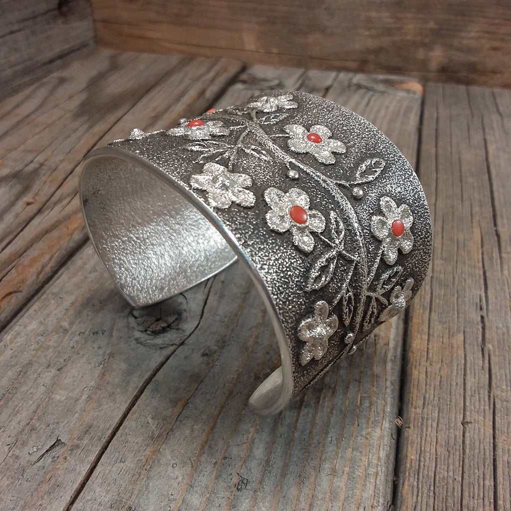 Tufa Cast Silver and Coral Flower Bracelet By Rebecca Begay