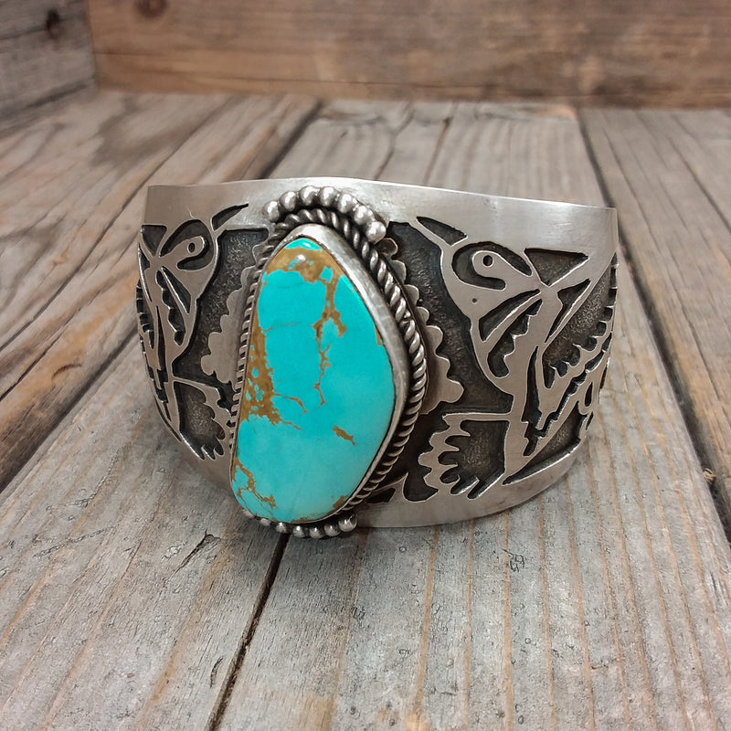 Turquoise Bracelet With Hummingbird Silverwork by Aliaha Barney