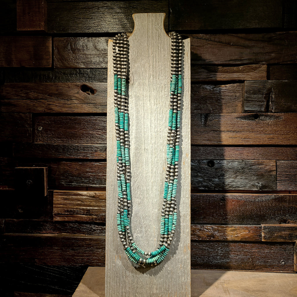 Turquoise & Sterling Silver Beaded Strand Necklace | Artist Fred Archuleta | Native New Mexico