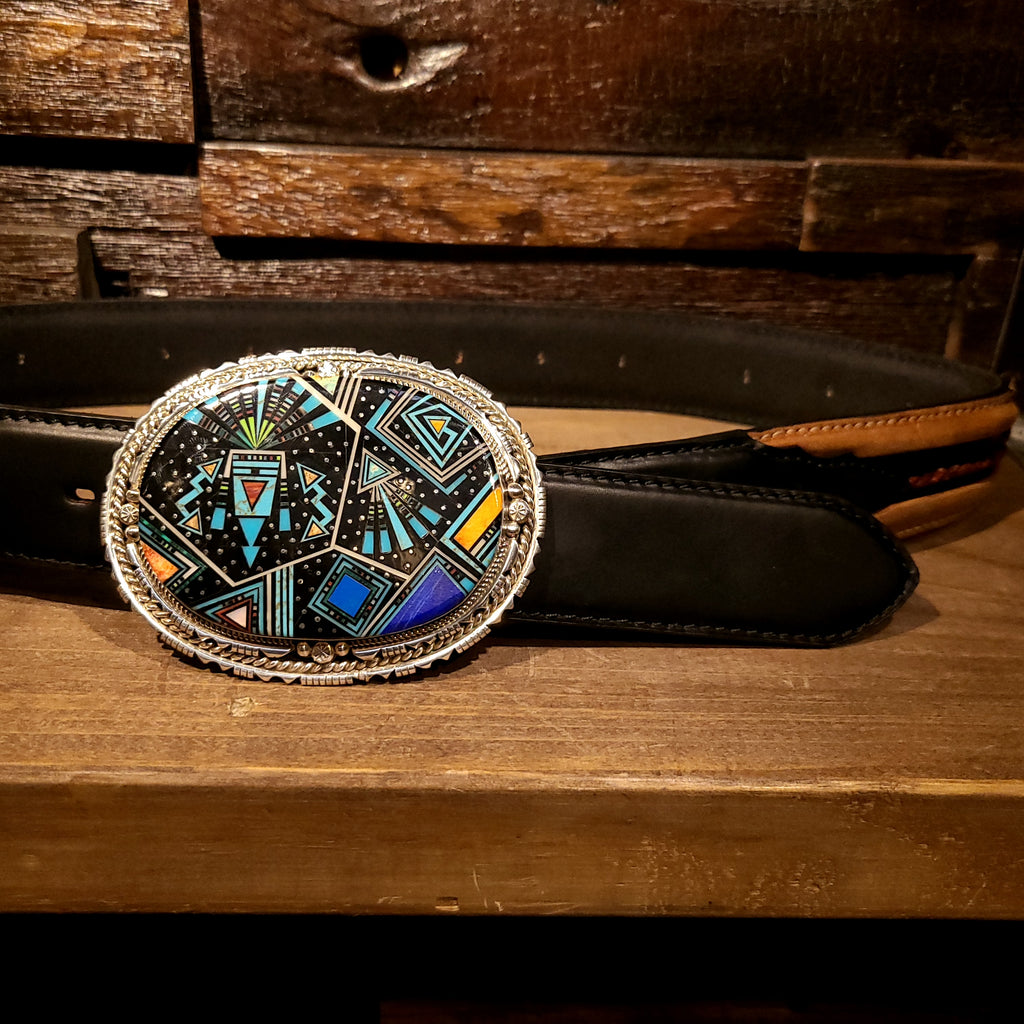 Artist Ray Jack | Sterling Silver & Inlay Multi Stone and Shell Buckle | Native American Indian