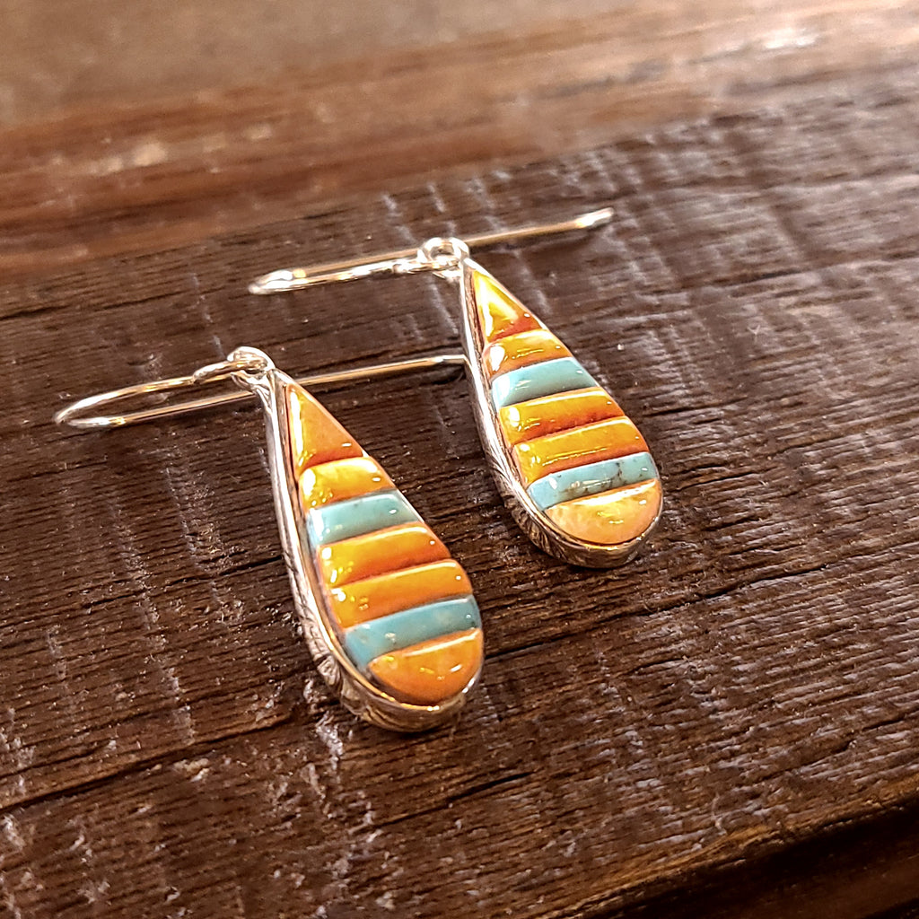 Inlay Spiny Oyster Shell | Turquoise | Sterling Silver - Navajo | Rick Tolino | Native American Indian - Earrings