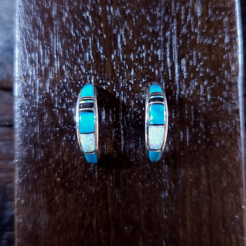 Turquoise & Opal Inlay Hoop Earrings