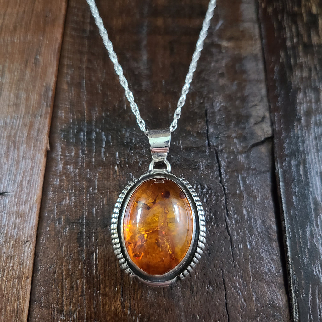 Amber | Sterling Silver | Pendant - Native American Indian | Navajo - Larry Yazzie
