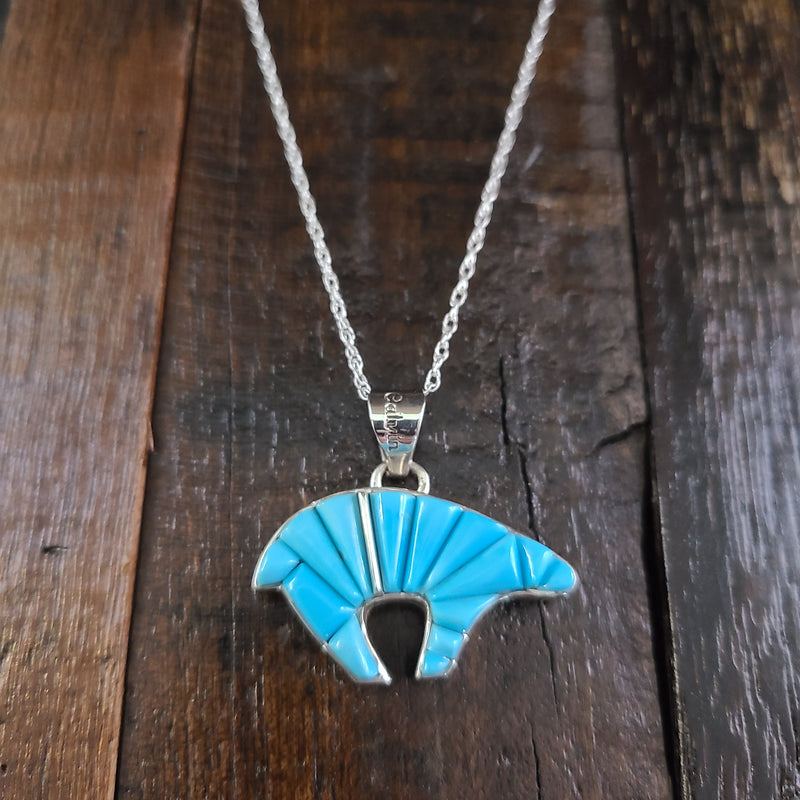 Turquoise | Sterling Silver | Inlay Bear Pendant - Native American Indian | Navajo - Calvin Begay