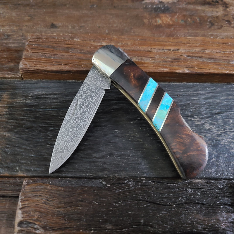 Turquoise & Ironwood Damascus Inlay Knife