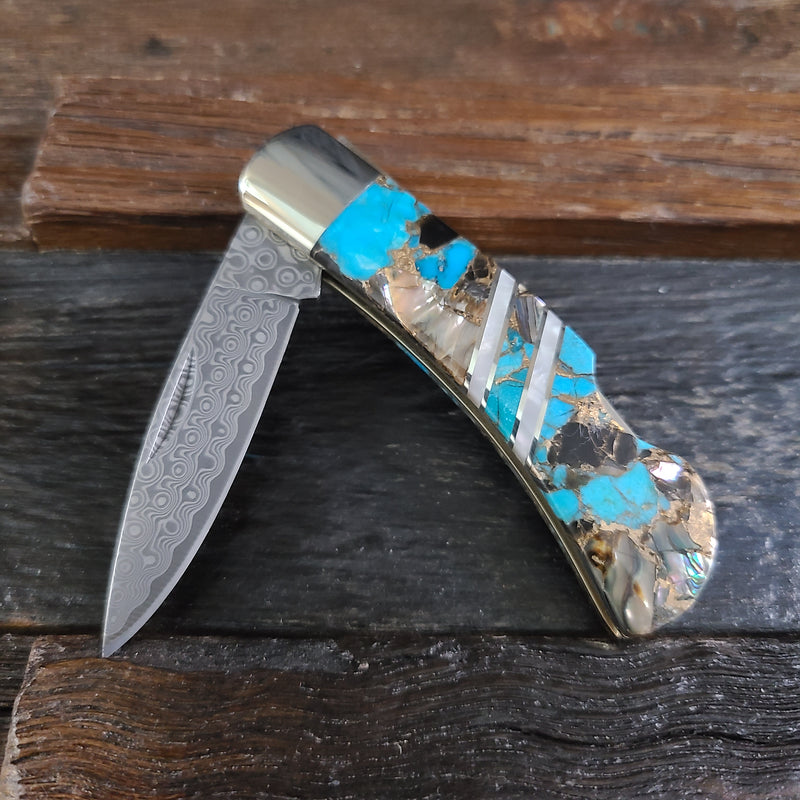 Specialty Turquoise Composite Damascus Knife
